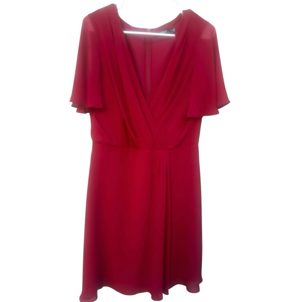 Lauren Ralph Lauren Red Dress Womens 12 Faux Wrap Flutter Sleeve Midi Fit Flare